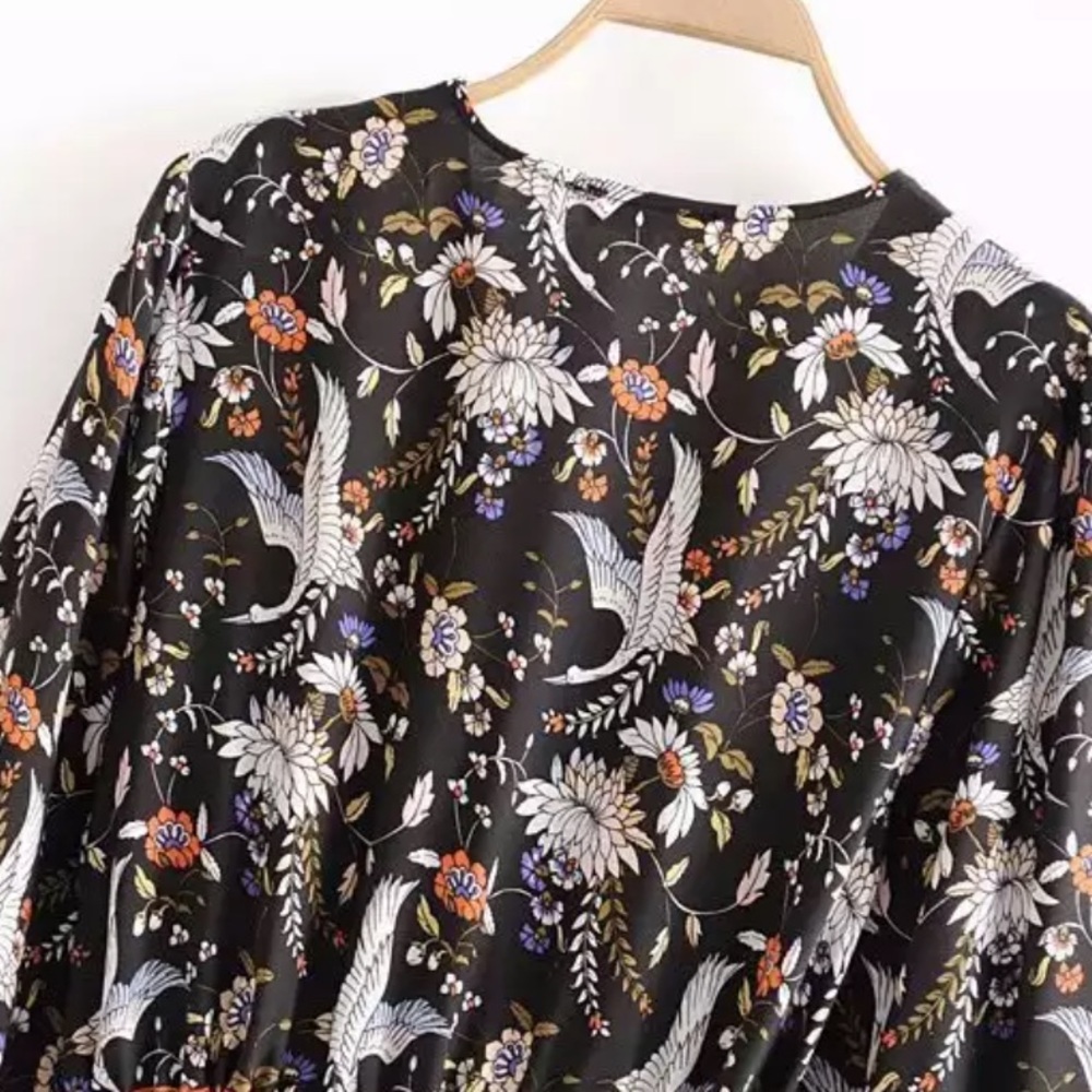 Boho Floral Crane Gypsy Print Dress Black Orange - Picture 12 of 13